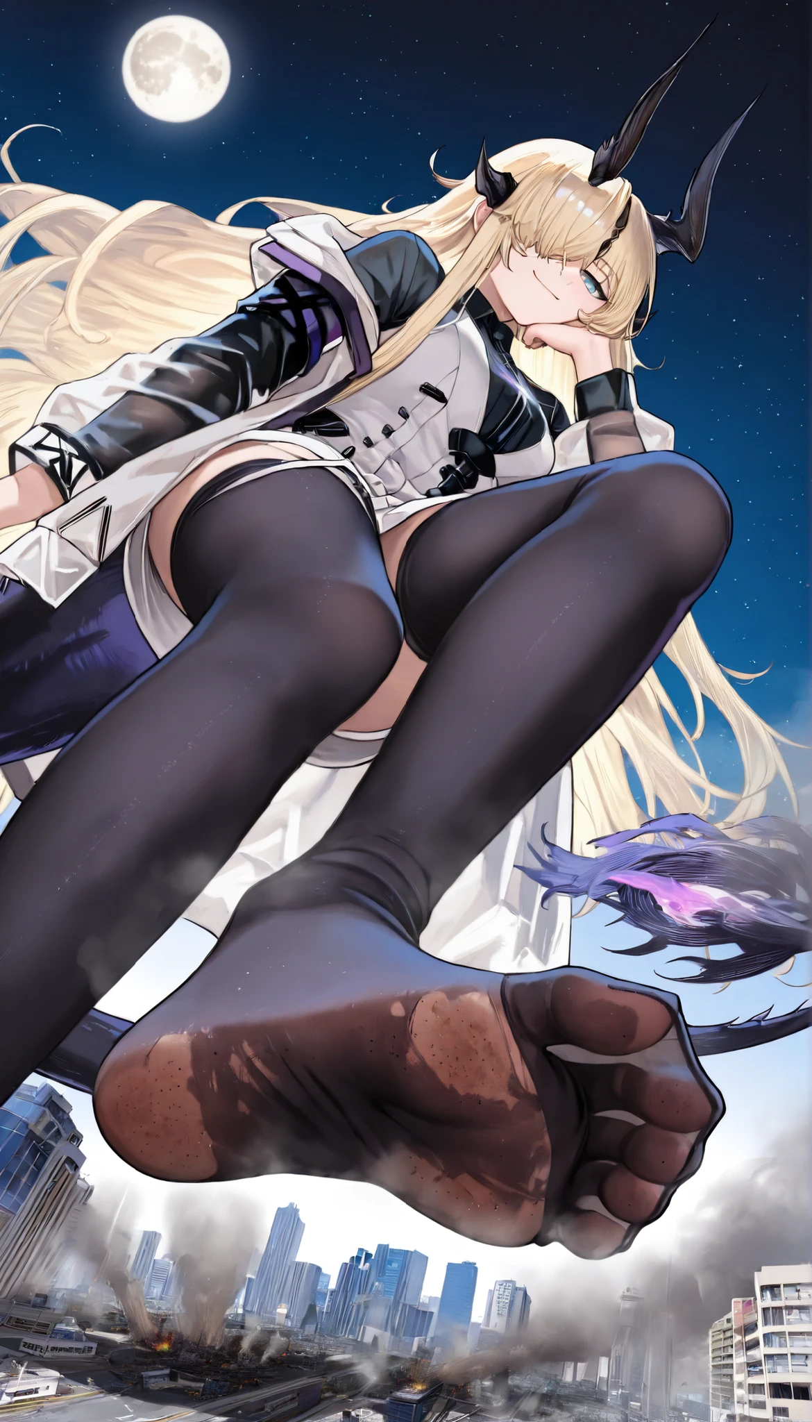 score_9_up, score_8_up, score_7_up, Detailed hands, perfect hands, 1girl, solo, Eblana_arknights, head rest, purple flame, black ankle boots, high heels, blonde hair, long hair, hair over one eye, hair ornament, dragon tail, dragon horns, strapless dress, white dress, black shirt, long sleeves, see-through sleeves, off-shoulder jacket, white jacket, open jacket, collared shirt, short dress, black sleeves, see-through, black thighhighs, dynamic cowboy shot, (giantess:1.4), microcity, (no shoes:1.3), standing, The sole of the foot with stockings, Dirty Soles, Let viewers smell their feet, without both shoes, (are not wearing shoes:1.4), Show off your legs in black tights, Trampling, 1girl, solo, best qualitymasterpiece, collapsed city, Outdoors, buildings, city, buildings, smoke, destruction, Arrogant face, despise, Night Sky, moon, night, foreshortening, (from below:1.3), masterpiece, best quality