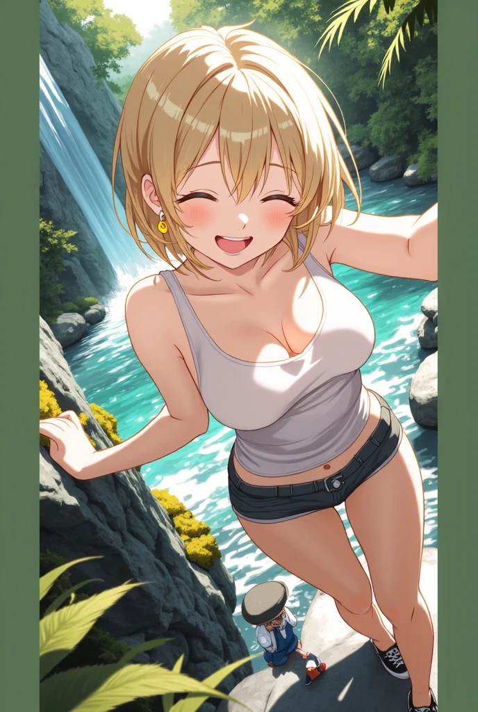 (2girls:1.9), (height_difference:1.7), (size_difference:1.4), (a giantess behind a cliff: 1.3), (a miniature woman in an onsen below the closeup breasts and face of a giantess: 1.5), (miniature woman: 1.4), (size perspective: 1.4), (simple background :1.2), (height different sizes: 1.2), navel, (closeup breasts and face: 1.2), (a miniature woman standing below the breasts of a giantess), (out of focus: 1.2), cliffs, rocks, (below view: 1.1), (foreshortening: 1.1)