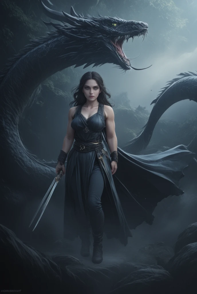 Woman with long black hair, white skin color, blue colored eyes, and black fighting clothes. She is fighting monsters.