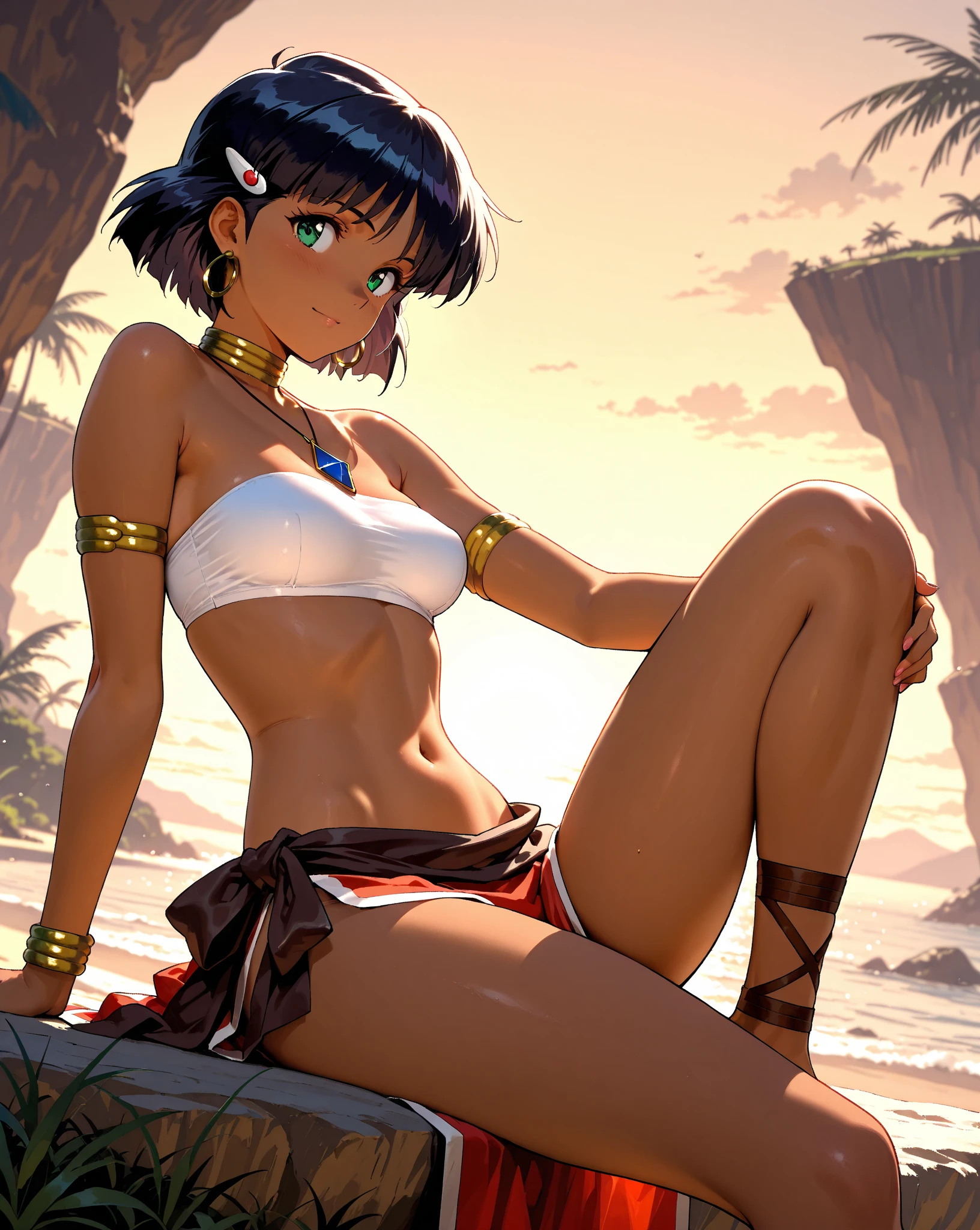 Absurdres, masterpiece, HD, high resolution, science-fantasy, character alone, ordered context, best quality, epic story, best features and characteristics, full body, back view
{{1character:50 years old short black haired elder beauty woman:(black skin, blue eyes, black very short hair, short nose, closed mouth smile, cheerful expression, medium breasts, voluptuous figure, absolute beauty, beautiful arms, beautiful legs, beautiful feminine body),(black bikini),(cheerful girly demeanor, crouching sexy),(desert nigerian village, stone houses arround, 2 white playmouth cars at the left, sunny morning, sunrays at the sky)}}