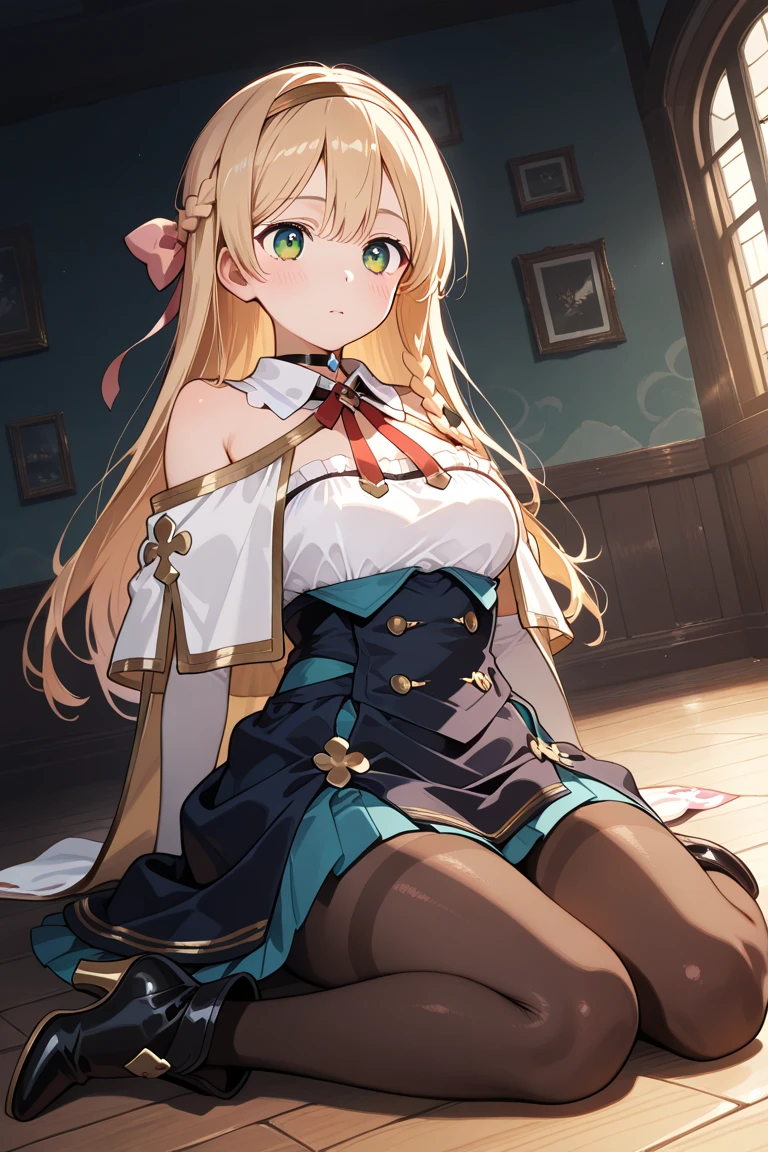 score_9, score_8_superior, score_7_superior, score_6_superior, score_5_superior, score_4_superior, sauce_anime, indoor,
(masterpiece, Highest quality), fc detailed portrait, alone, One girl, klaudiaryza1base, Long Hair, Braiding, hair band, Hair Ribbon,
Claudia Def Shirt, Claudia Def Skirt, White capelet, Detachable collar, button, choker, Bare shoulders, Elbow hand pockets, thigh band pantyhose, Brown pantyhose,
View your viewers, blush, smile, Open your mouth,
((Full body portrait、Sitting、lotus position、Skirt Lift、Panties through pantyhose、Showing off her panties、Shirt lift、Showing off her bra、Bra lift))