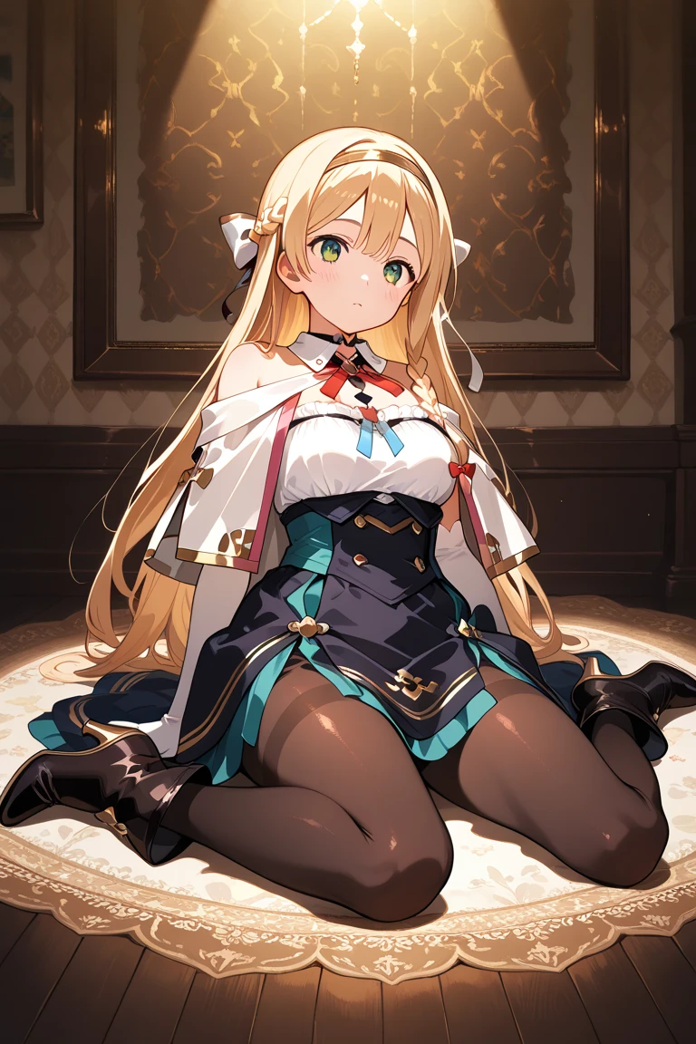 score_9, score_8_superior, score_7_superior, score_6_superior, score_5_superior, score_4_superior, sauce_anime, indoor,
(masterpiece, Highest quality), fc detailed portrait, alone, One girl, klaudiaryza1base, Long Hair, Braiding, hair band, Hair Ribbon,
Claudia Def Shirt, Claudia Def Skirt, White capelet, Detachable collar, button, choker, Bare shoulders, Elbow hand pockets, thigh band pantyhose, Brown pantyhose,
View your viewers, blush, smile, Open your mouth,
((Full body portrait、Sitting、lotus position、Skirt Lift、Panties through pantyhose、Showing off her panties、Shirt lift、Showing off her bra、Bra lift))