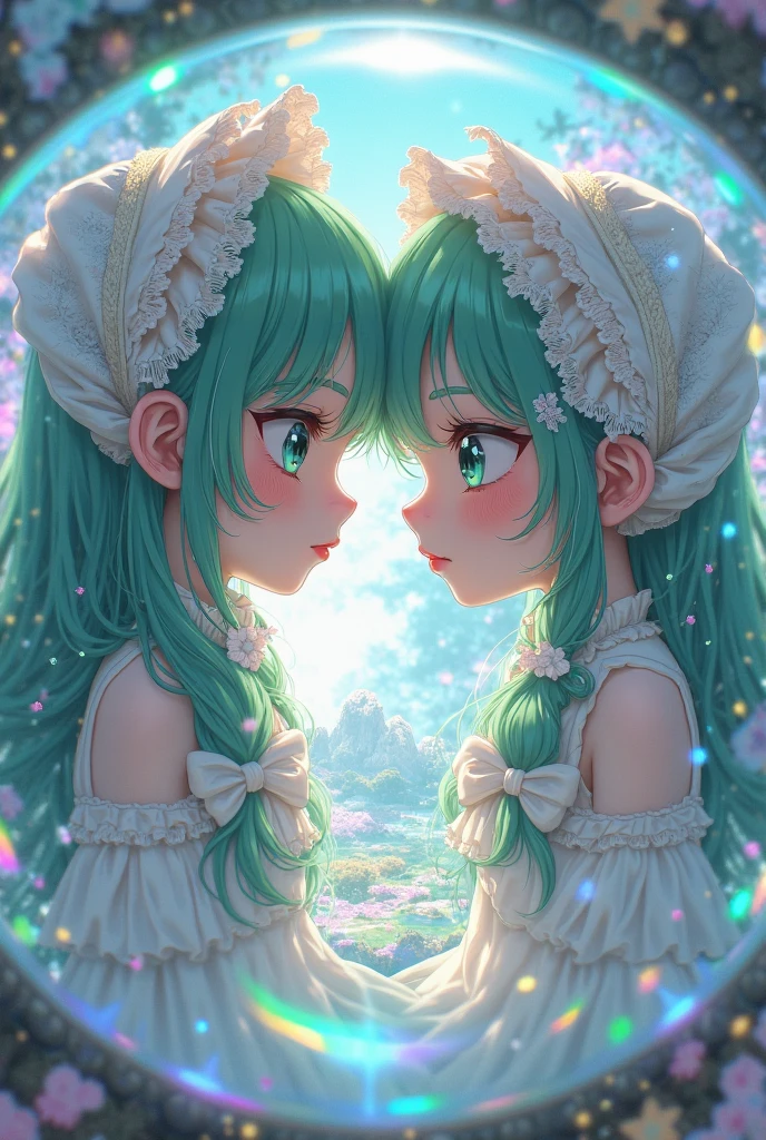 Innocence, Dark green hair, Twin tails, Put your arms behind your back, White Dress, Black waist tie, girl,blue eyes,