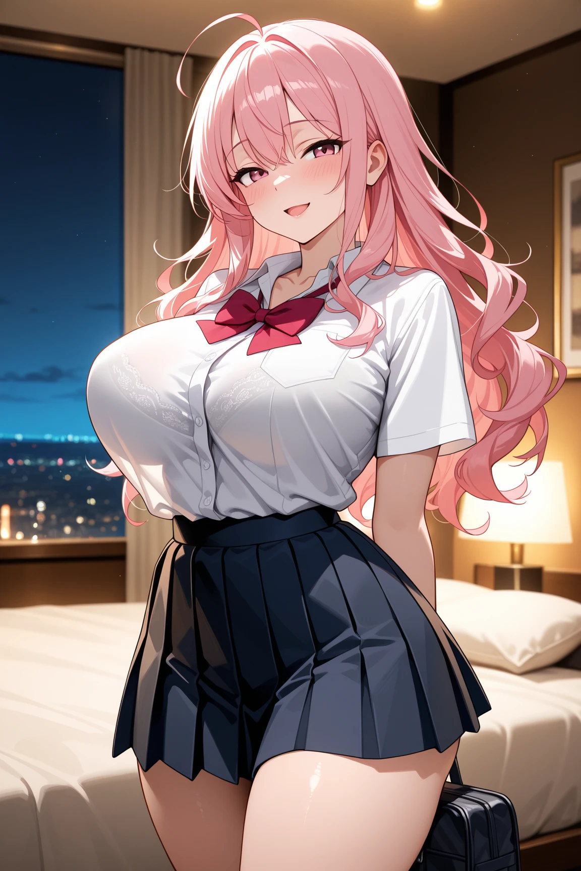 ((masterpiece, best quality, 4k)), 1 girl, cowboy shooting, huge, pink eyes, long golden hair, promote, Put your arms behind your back, comics, Pink microskirt, Color difference, Detailed description, posture, lean forward, faint smile, split, Tie top, Pink bow tie, indoors, pink flowers, thick lips, Pink bedroom background, plant, window, light particles, (cute face), Thick thighs, actual, below,