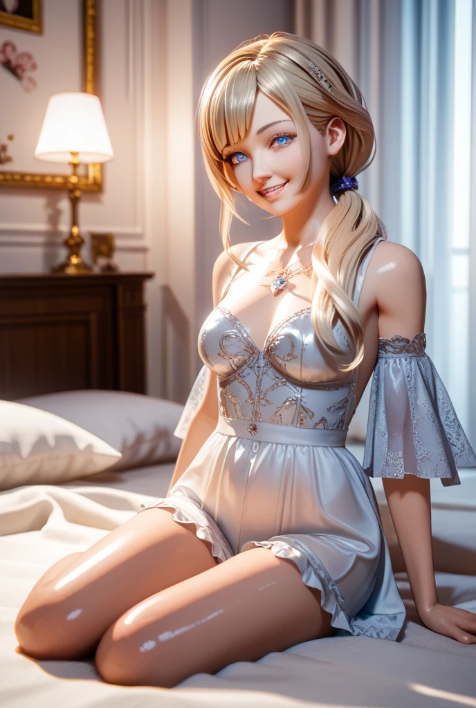 Elsa from Frozen sitting alone on the bed, Wearing pink lace transparent underwear+Sling fishnet socks,shy expression, blush and smile, big breasts, Slightly fat,The meat is plump,Realistic,masterpiece。