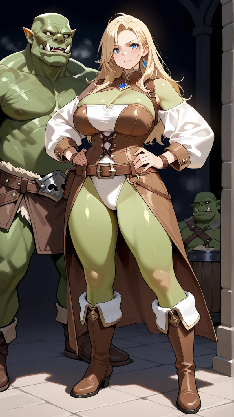 (1girl with group of orcs), queenly green dress with extremely generous cutout, motherly-milf, soft mature expressionb, runnette-chestnut middle-long hair, queenly tiara, sexy sweaty glistening armpits:1.2, stilletto queenly high-heels, ((midnight)), (at isekai-fantasy castle hall at midnight), feisty woman, anime cels style, best quality, high resolution, 1girl, ntrman queen of goblin, sweating, (bountiful generous breasts), swaying breasts:1.1, fleshy build, big thick arms, beautiful face, middle-ling luscious brunnette-beige hair:1.1, half-lidded eyes, half-serious look, [smug face], Beautiful long legs, Beautiful body, Beautiful Nose, Beautiful character design, bangs, purple eyes, ((bushy pubic hair:1.25)), 1arm behind head, standing - legs apart:1.35, (looking at viewer), cowboy shot, side-view full body photo:1.1, ((I'm surrounded by group of orcs:1.5)), -auto