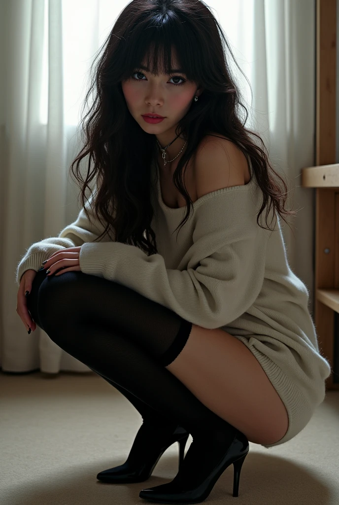 ((Best quality, 8k, Masterpiece :1.3)), pretty woman, 1girl, , slender abs :1.1, dark brown hair, (wearing knit sweater & miniskirt, (Flirtingly lifting her skirt to show her panties:1.3)), ultra-detailed face, highly detailed lips, detailed eyes, double eyelid
