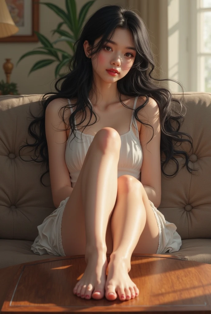 masterpiece、8K、32K、top-quality、(A detailed eye)、(A cute Japanese woman、bangss:1.3)、23years old、1 girl in、elegent、(undergarment:1.1)、a plant、(gigantic cleavage breasts:1.2)、Sit up、(A dark-haired:1.4)、espadrilles、beauty legs