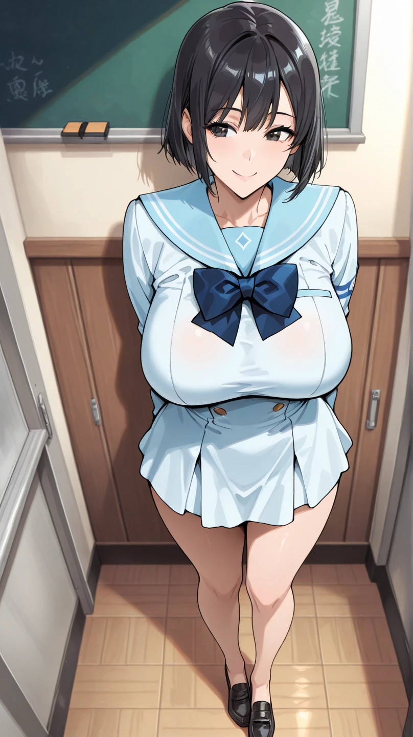 (masterpiece), best quality, high resolution, extremely detailed, detailed background, perfect lighting,kao akebi, short hair, blue eyes, black hair, female focus,(large breasts:1.5),slim figure.narrow waist.wide hips,dress, sleeveless, sailor collar, white dress, sailor dress, pleasure the pain, mosachist, closed mouth, cute pose, BREAK indoors, hot springs, BREAK looking at viewer, (cowboy shot:1.5), BREAK, (masterpiece:1.2), best quality, high resolution, unity 8k wallpaper, (illustration:0.8), (beautiful detailed eyes:1.5), extremely detailed face, perfect lighting, extremely detailed CG, (perfect hands, perfect anatomy), solo, ultra beautiful