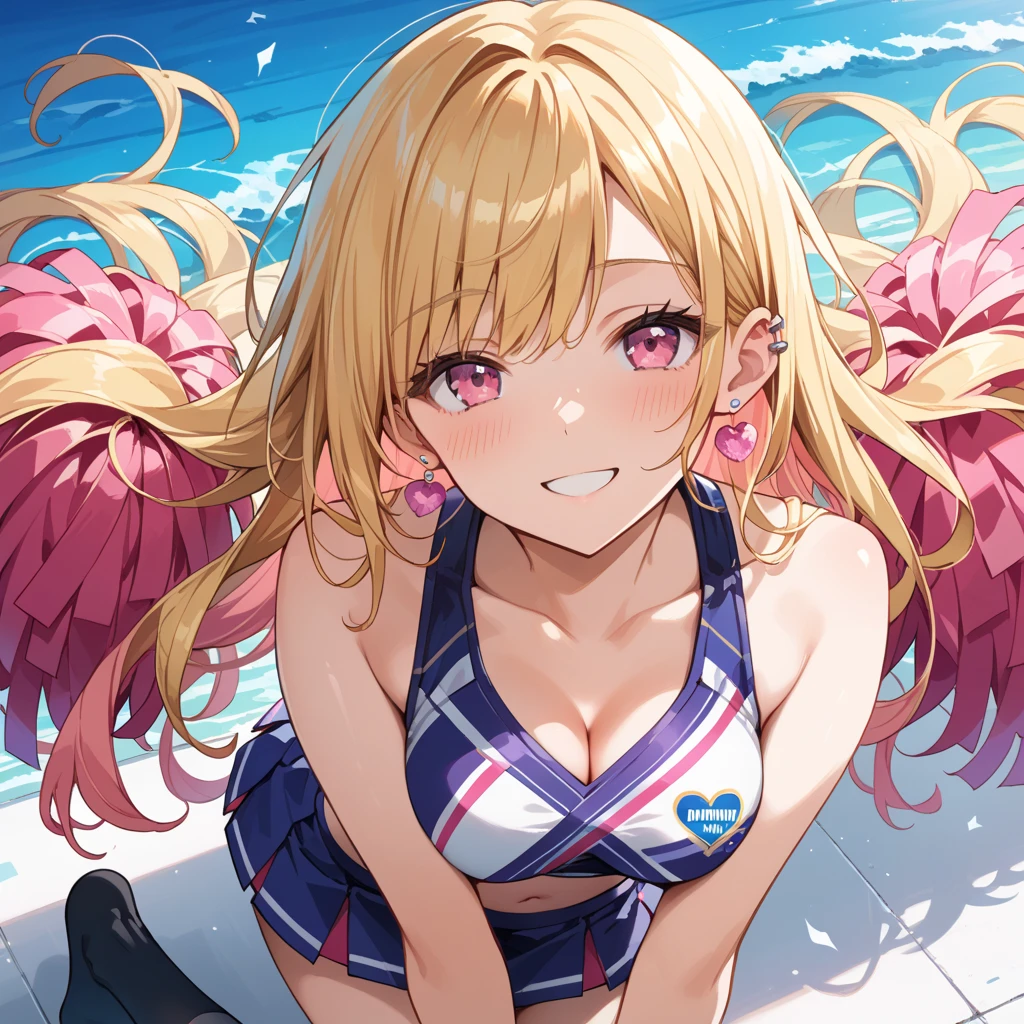 menma, (best quality, masterpiece, RAW photo,ultra-detailed:1.2), 1girl,solo,looking at viewer,smile,
 white sleeveless one-piece swimsuits,  show armpit, blue ribbon, nature, bust shot,lol_i,Ichigo Hoshimiya (Aikatsu!),nsfw,1girl,arms up,hands up,handcuffs