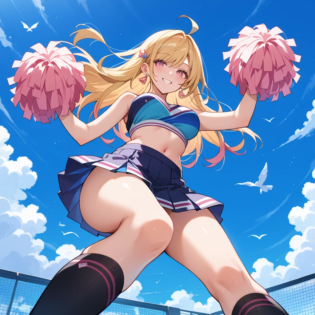 (Best Quality:1.3)、1girl asia、a miniskirt、Crouching、Cinderella、Cute anime illustration、,wearing cheerleading uniform,spreading her legs,showing detailed panties,race panties