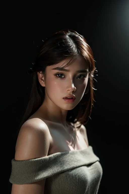 Best quality, masterpiece, ultra high res, (photorealistic:1.4), raw photo, 1girl, offshoulder, deep shadow, low key, cold light, chiaroscuro, grey background