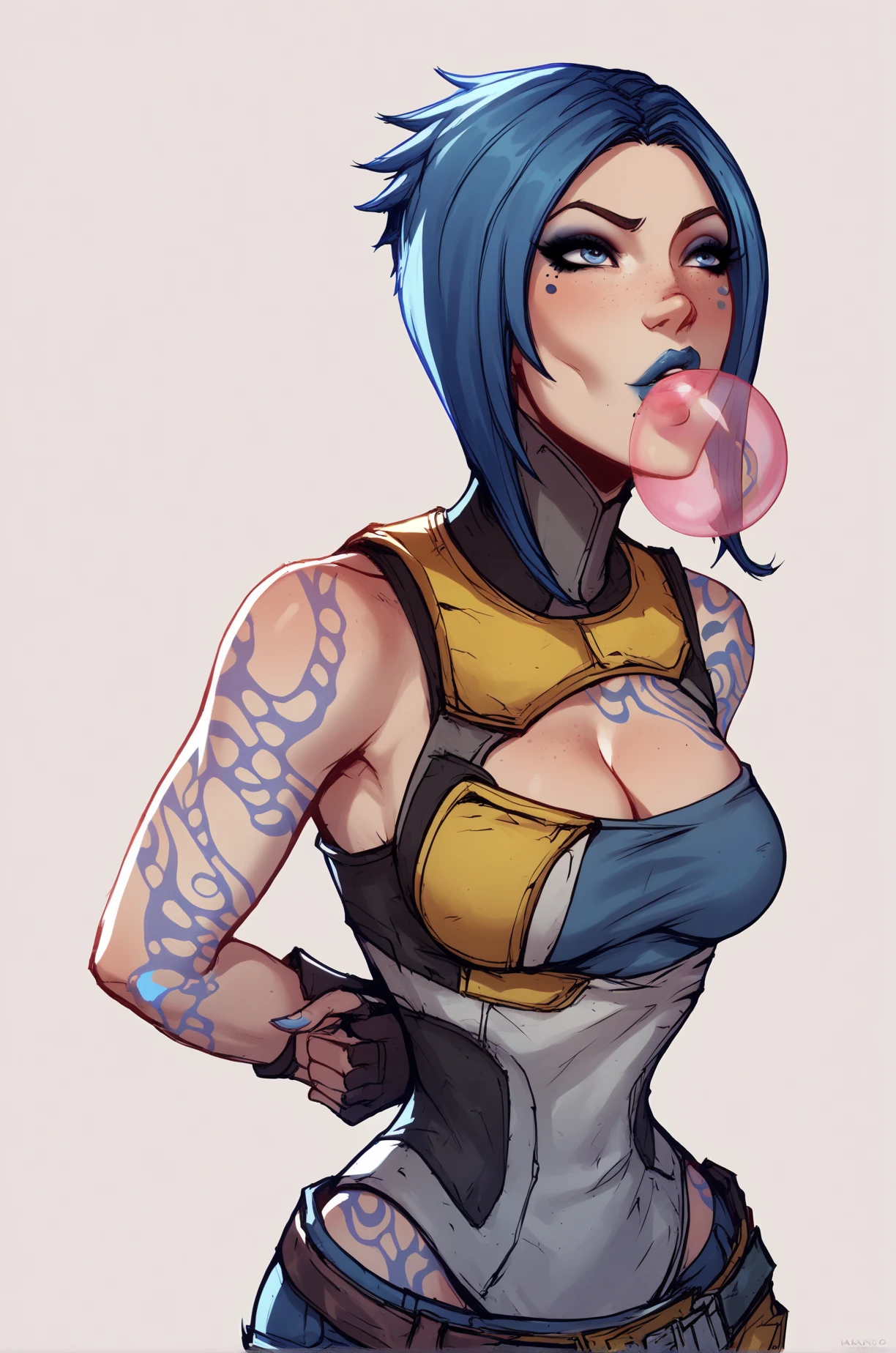 Short stoner girl, Match Face And Tattoos In Reference Image:1.2, (short green mohawk, blue accented hair with undercut sides and back:1.2), smoking cannabis:1.3, brown eyes, 32C-cup tits:1.3, large naked saggy tits:1.3, huge nipples:1.2, stretch marks:1.5, cannabis smoke, small skull and heart lineart tattoo on left collarbone:1.3, getting fucked rough:1.3, looking up at you, large penis:1.3, orgasm face:1.3, moaning:1.3, vaginal sex:1.5, missionary sex:1.3, vaginal penetration:1.3, Large flopping tits:1.5, action shot of flopping saggy tits:1.5 COMPLETELY NUDE:1.5