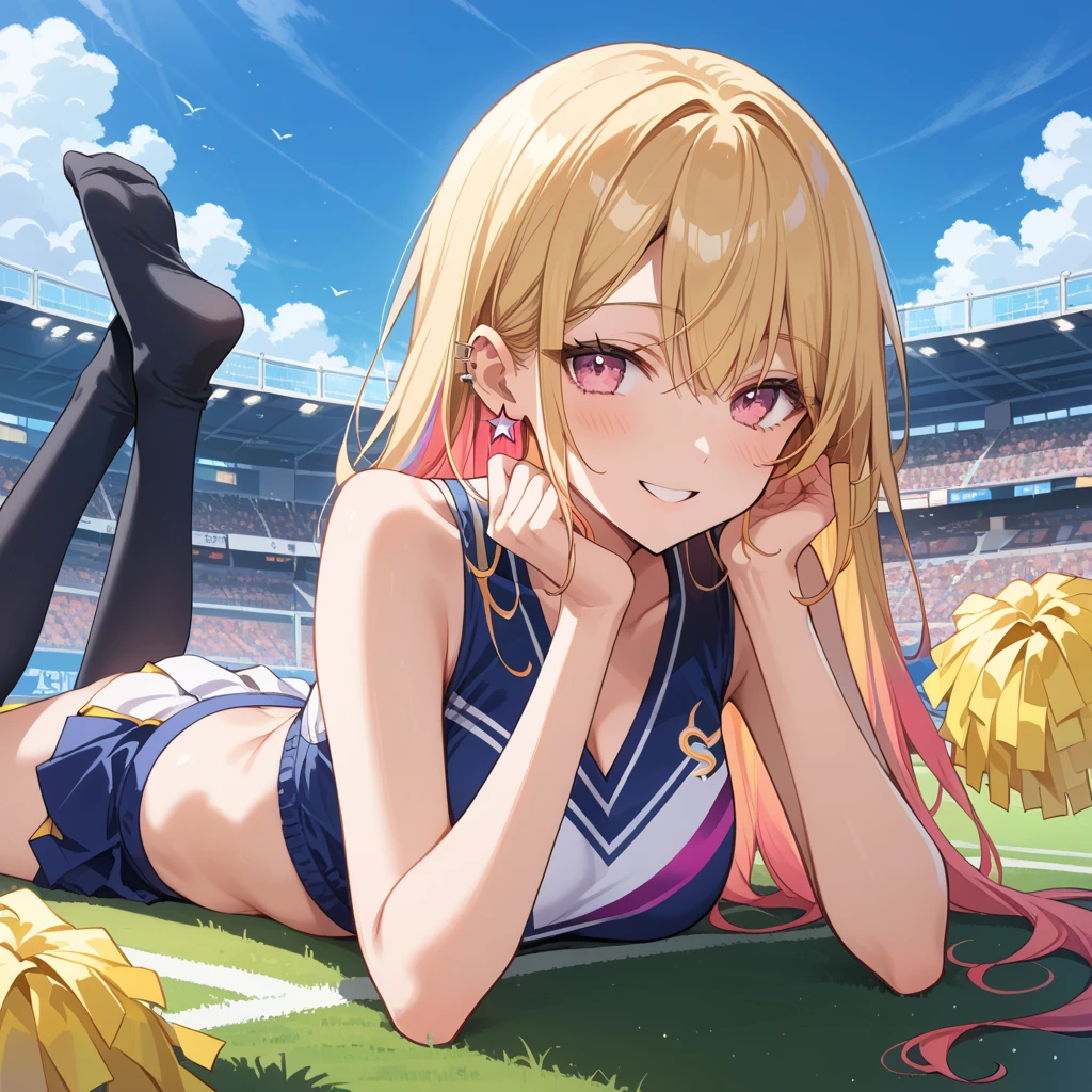(high quality1.4), (finely detail:1.4), nsfw, 1 girl, Iris \(konosuba\), blonde hair, long hair, grape hair ornament, blue eyes, small breasts, ( erectile nipples), (torn gold leotard), (cameltoe), anus, smile, wariza, from back, ((very bright stadium:1.4)), ((solo)), (masterpiece, best quality, 8k:1.4),