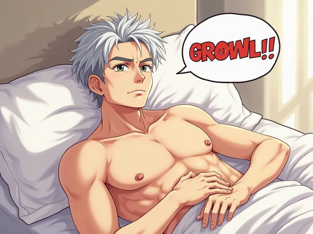 He is a 16 year old boy, shirtless, sitting on the bed, blue eyes, gray hair, surprised, scared.
