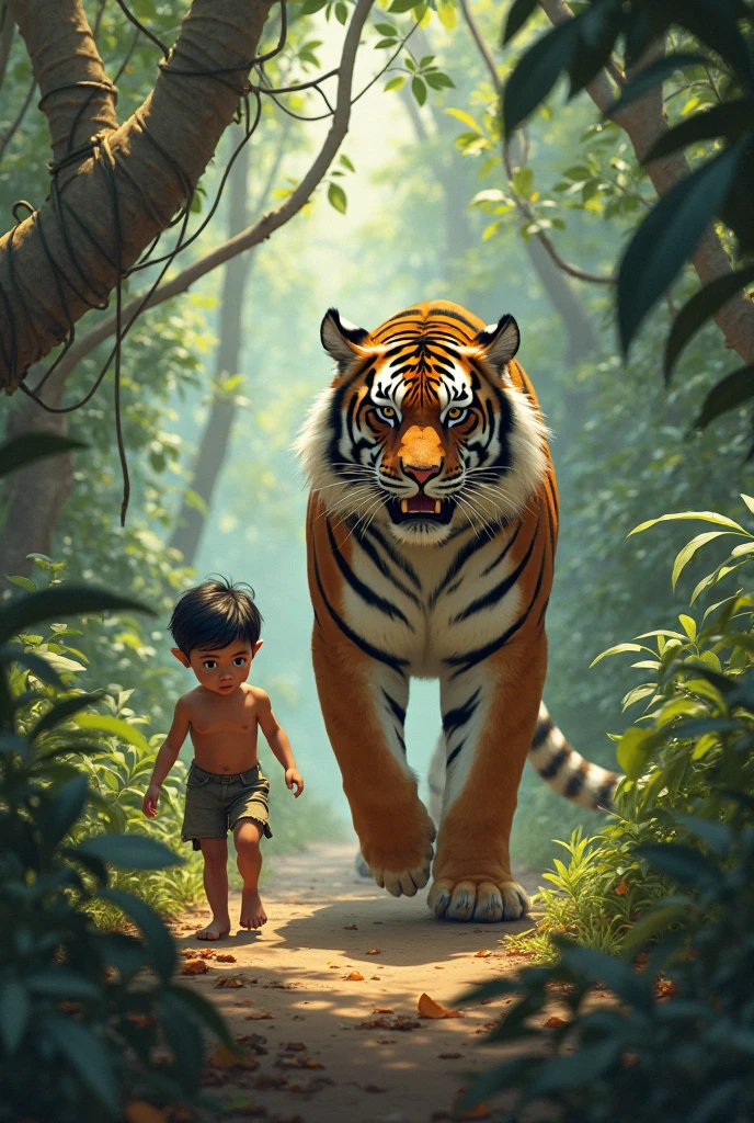 um menino vestido com roupas de guerreiro andando pela floresta com rio, animais e dia lindo.