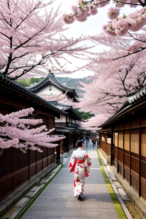A cinematic, realistic depiction of a beautiful 20-year-old Japanese woman in a kimono, standing in a traditional Japanese garden. The garden should feature lush greenery, a pond, and cherry blossoms in full bloom. The sky above should be a stunning, sparkling vision of space with stars and cosmic elements shining brightly. The woman should be positioned gracefully, with the serene beauty of the garden and the magical, otherworldly sky creating a captivating atmosphere.