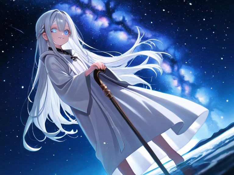 1girl, black hooded robe, (hood up), white hair, (green theme, floating:1.4), river, ravine, souls spirits ghosts, midnight, black sky, rocks