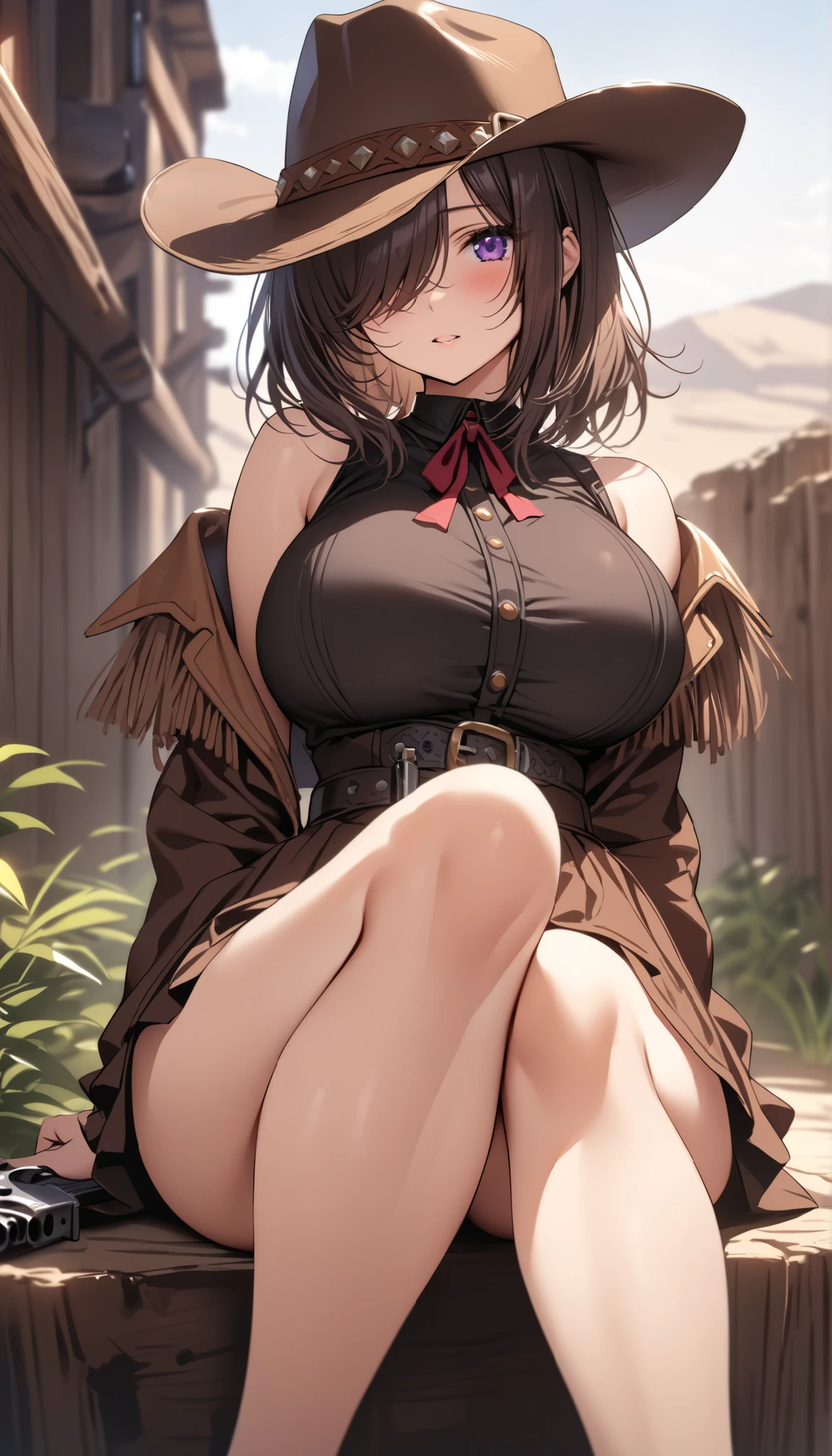 milf holding broom, (cleavage: 1.5), open legs