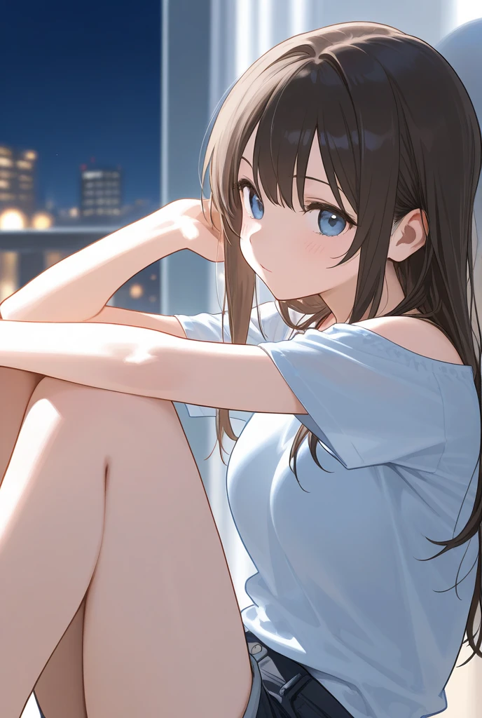 Anime guy in black long hair casually sitting looking at sky in black shirt read eyes