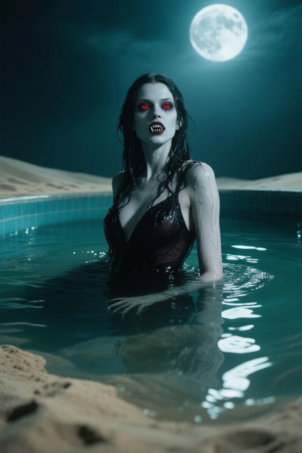 (masterpiece, best quality:1.2),bloody and sexy, beautiful face,blood, (Gray\green skin),mermaid, highly detailed, {best quality}, {{depth of field}}, illustration, solo, sharp focus, {{character {1 girl, }}, (black straight hair:1.6),(hair is straight and loose), beautiful detailed eyes, sharp teeth, {looking at viewer}, {loli},{masterpiece illustration},full body, normal angle,horror art, creepy, beautiful form of chaos,ocean of blood, elegant, vivid colours, romanticism,an evil mermaid siren, bathing in a blood, maniacal laughter, atmospheric, death, decay, cool face, horror art, blood, colorful black,