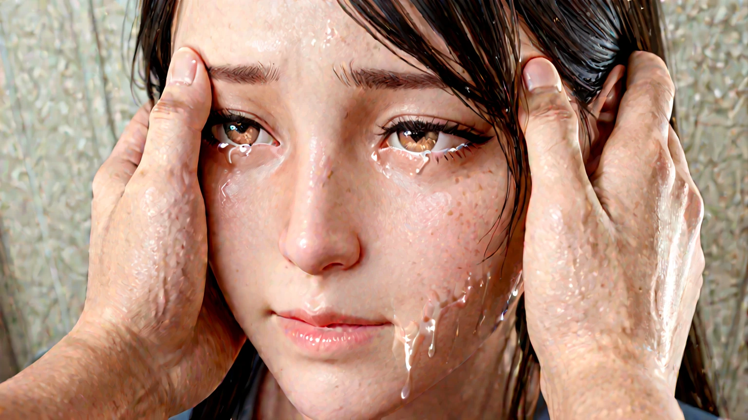 1 Girl,flying debris,,Award-winning photo, Very detailed, Edge Orgasm,Face Focus, (Open your mouth ), 30 years old、Black Hair、Shiny skin,From below、Realistic nostrils、Long and narrow nasal cavity,、Glass-walled office、(Modern interior office)、congestion、Are standing、((suit))、Big Breasts、(Sharp Nose)Frowning performance:1.4, concept,teeth,performance,facial performances,Frowning,Lift your head、very intense orgasm,frown,hyper realistic detail shiny skin,highly detailed ski,pores,real skin,