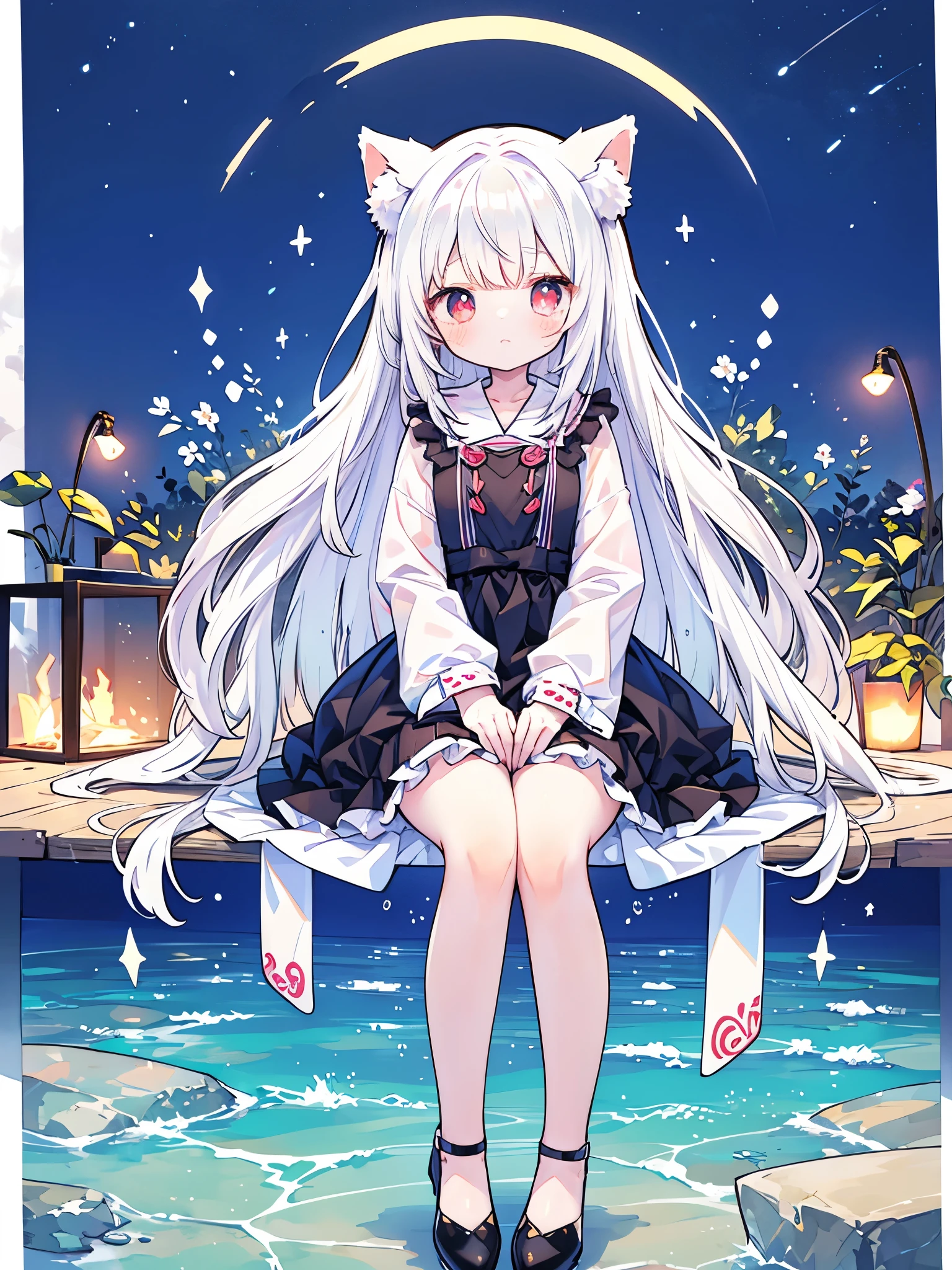 完美的, Cute girl anime visual, White hair的 god, Small curve , White hair女孩, Anime style 4k, White hair, Anime girl with long hair, White hair的, Cute anime girl,blue and red eyes,a little ,long White hair,Amber pupils,Black shoes,Short skirt,Sitting by the lake,Starry Sky,meteor,白色内裤露出