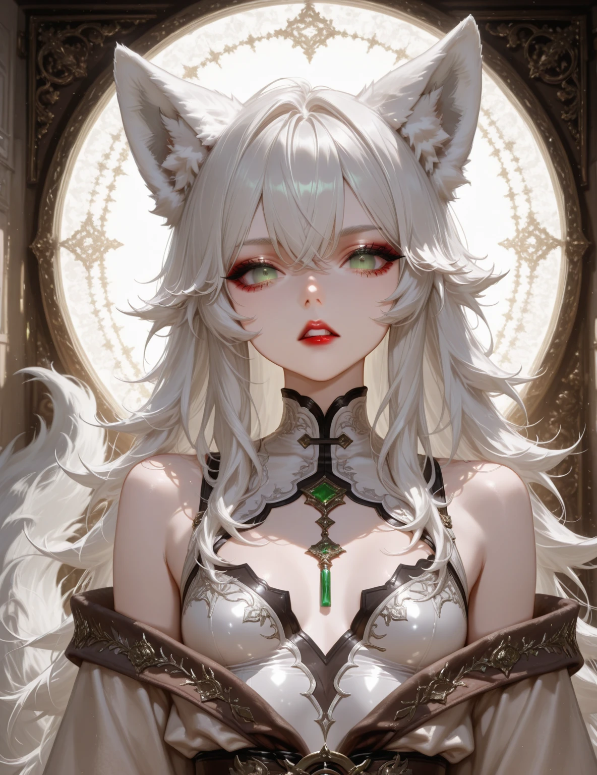 Anime Vampire Princess, long white hair, Gothic style, roses in hair, thick black eyelashes, White glowing iris, light blue dress, digital figure, Comic book style, gothic renaissance, Perfect Anatomy, Centered, Approaching perfection, dynamic, Very detailed, Gothic styleの城の詳細な背景, Blood, コンセプトart, Smooth, Sharp focus, figure, art:Wlop と Ross Tran ,glitter,Cat ear,Red eyes