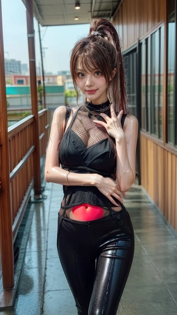 solo,1girl(big breast)(masterpiece, best quality:1.2),Ellen Jo,Zenless Zone Zero,alternate costume ,maid, shark tail, (shark girl:0.5), short hair,black hair,red eyes, tail, pantyhose,multicolored hair, black footwear, short sleeves, apron, wrist cuffs, maidheaddress, stockings, nyantchaellen joe, black hair, red hair,colored inner hair, multicolored hair, (red eyes:1.3), red hair, short hair, two-tone hair,apron, black pantyhose, black shirt, ear piercing,