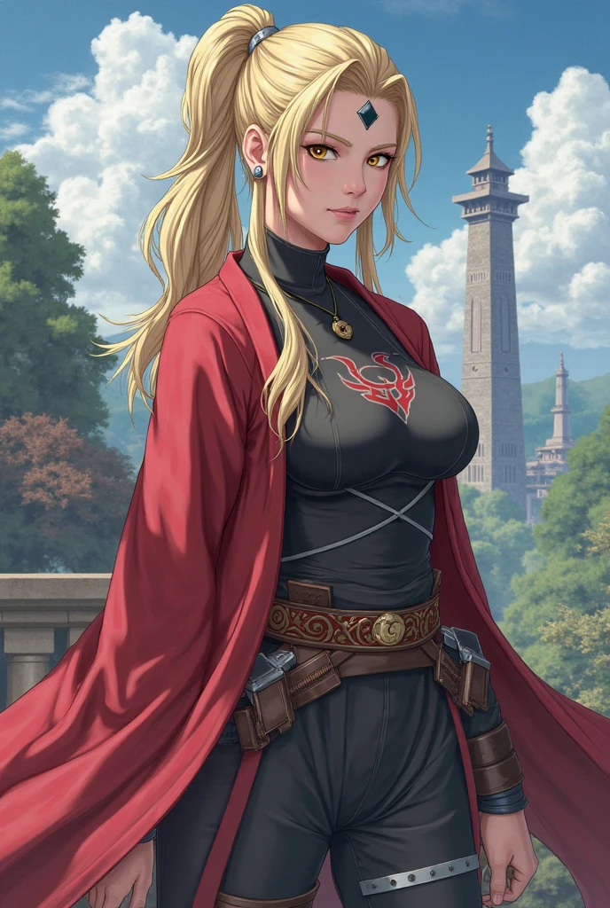 1girl, blonde hair, medium hair, green eyes, braid, ponytail, barbarian, fur trim, animal skull, red pants, clothing cutout, jewelry, bandaged arm, brown cape, fire, outdoors, mountain score_9, score_8_up, score_7_up, score_6_up, score_5_up, score_4_up, BREAK source_anime, masterpiece