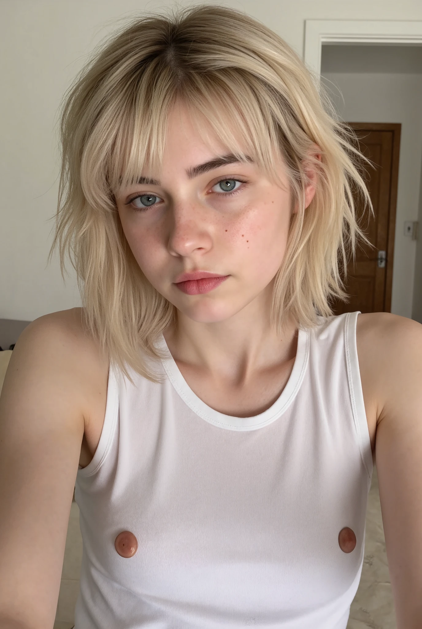 A photo of a young girl, Fourteen years girl, white skin, short hair, Straight hair, A beautiful girl Girl hair blonde long shoulder length mushroom curtain bangs haircut with a white tank top taking a full body selfie on Girl's room, eyes blue, lips white pink color, bushy eyebrows, view volume hair, tousled hair, messy hair, freckles on the face, taking a full body selfie, young body, young breasts, young nipples, pink nipples, wet body,