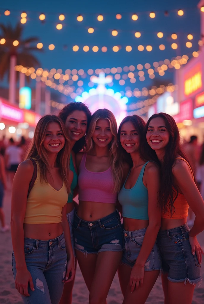 7 girls, partying, Kavos, Corfu, 2 blonde, 5 brunette, sexy summer dresses, beach , beautiful jewelry, happy vibes, evening atmosphere, colorful clothes, perfect bodies, perfect pose, perfect smile, perfect hair, Kavos nightclub background blurred, perfect definition, perfect lighting l, perfect hands, perfect legs, perfect hair, joyful smile