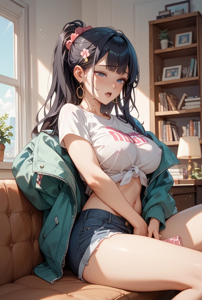 最high quality、best image quality、masterpiece、girl((20-year-old、 By becoming、vest bust、medium bust,wide open breast tea、shining eyes, neon hair、long hair、thin,highest valley、ponytail、Damaged Denim Shorts、black navel shirt、Damaged Denim Jacket、smile、full body tattoo,diamond earrings、Wristband、necklace、drink energy drink、leaning forward、elation)),high quality、beautiful art、background((Hacker Room、server room、neon lighting、computer stand、Laptop))、Flight、debris flies、Depth of written boundary、movie、visual art、perfect art、8k,genuine、