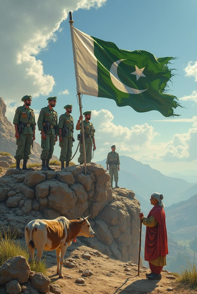 Describe the independence of a labour person which has a Pakistani flag in one hand and other hand with bread and he celebrating independence day of Pakistan and other authority police and Wapda are laughing on the labour person