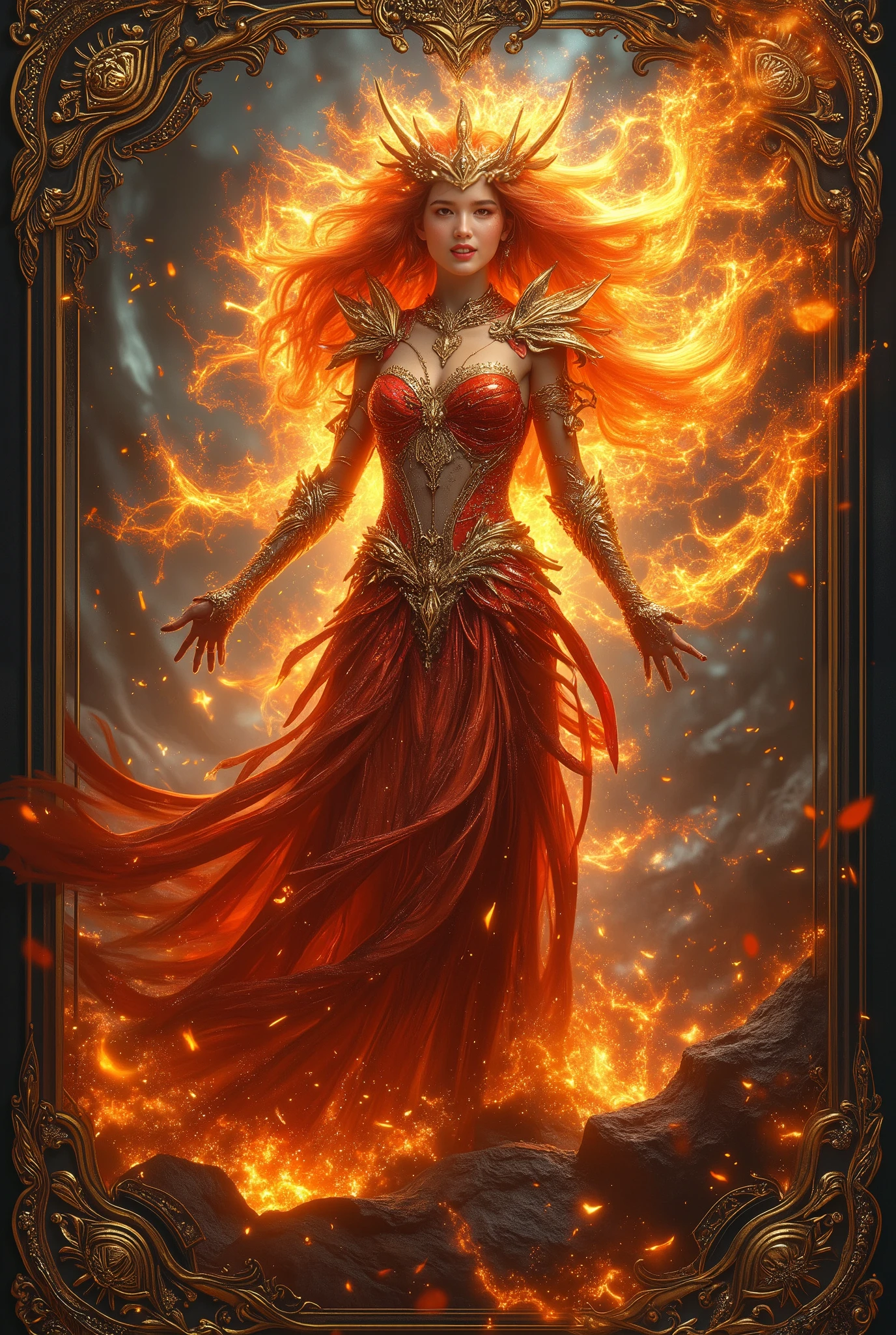 (masterpiece, top quality, best quality, official art, beautiful and aesthetic:1.2), (1girl), extreme detailed,(fractal art:1.3),colorful,highest detailed, nsfw
flowing elegant dress, exposed shoulders, cleavage. Sexy, seductive, teasing the viewer. long red hair. orange red gold, black
head and shoulders shot, naked breasts, ultra sharp
