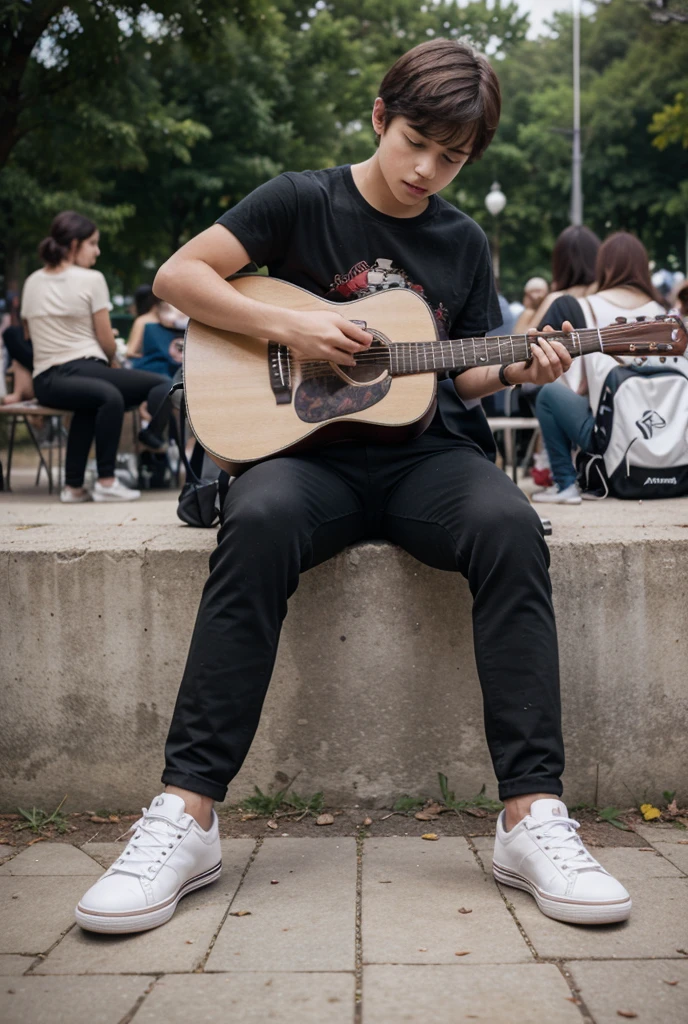 distant image from behind of man sitting on a park bench playing guitar