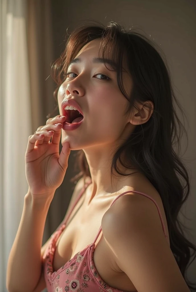 Woman on knees, oval face, crying, sad, distressed, sexy body, brown long hair, (looking at viewer), makeup, fit, erotic body, Cleavage, Cosplay, Tongue out, (best quality,4k,8k,highres,masterpiece:1.2), ultra-detailed, (realistic,photorealistic,photo-realistic:1.37), HDR, UHD, studio lighting, ultra-fine painting, sharp focus, physically-based rendering, extreme detail description, professional, Pastel colors, bokeh, portraits, landscape, horror, anime, sci-fi, photography, concept artists, warm, soft lighting,Grasping hand