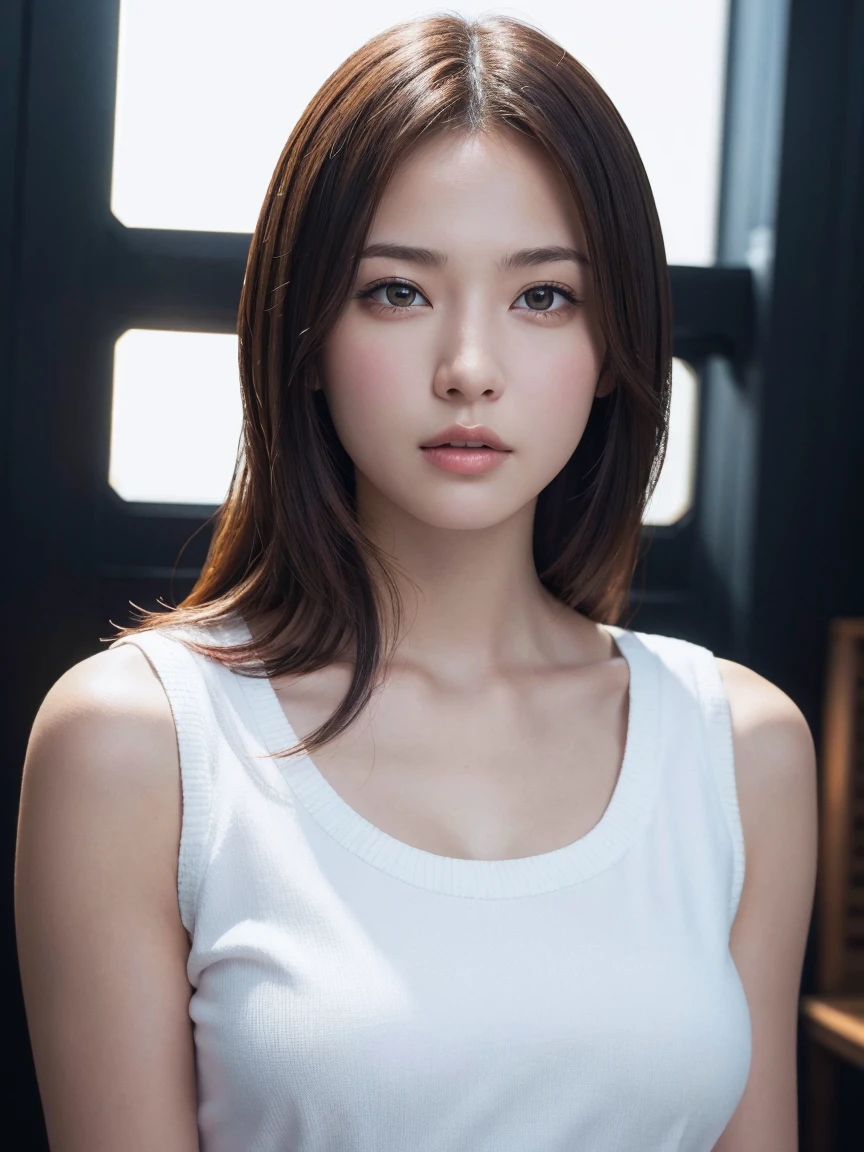 ((Best quality, 8k, Masterpiece :1.3)), Sharp focus :1.2, A pretty woman with perfect figure :1.4, Slender abs :1.2, ((Layered haircut, :1.2)), (Tank top shirt :1.1), (Street :1.2), Highly detailed face and skin texture, Detailed eyes, Double eyelid