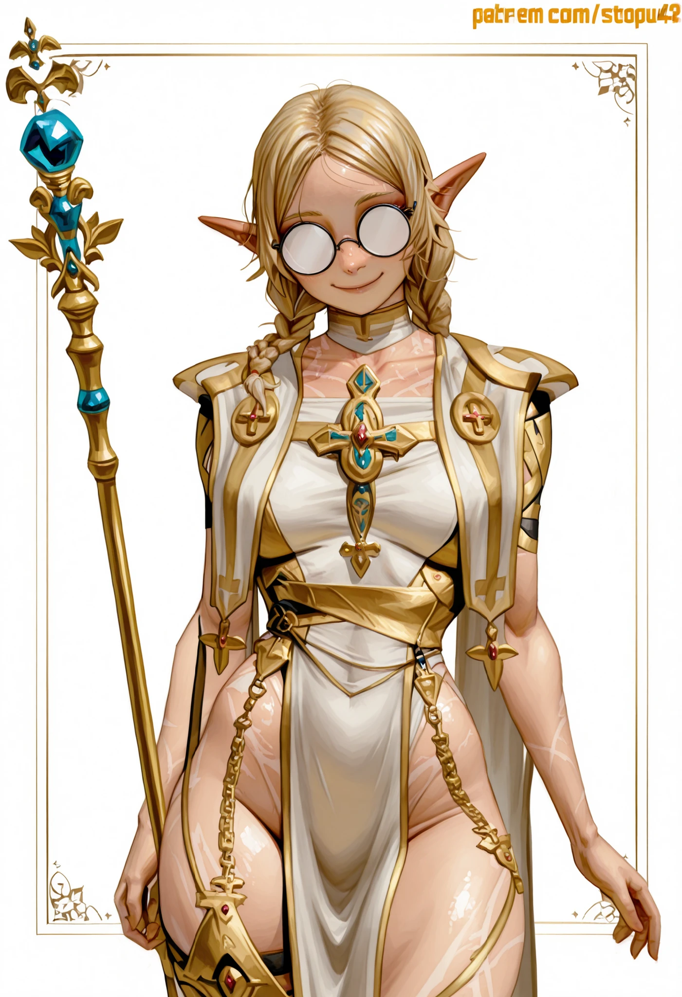 score_9, score_8_up, score_7_up, score_6_up, score_5_up, score_4_up, 
BREAK
(masterpiece: 1.0), best quality, perfect anatomy, perfect composition, perfection,
BREAK
cinematic lighting, stopu42
BREAK
1girl, DND character art. Smile, elf, glittery fair skin,  holding quarterstaff, golden and white cleric outfit, round glasses, double braids, front facing braids, simple background,blonde hair. Torso shot, collarbone, opaque glasses, @v@. Painterly, hyperdetailed painting