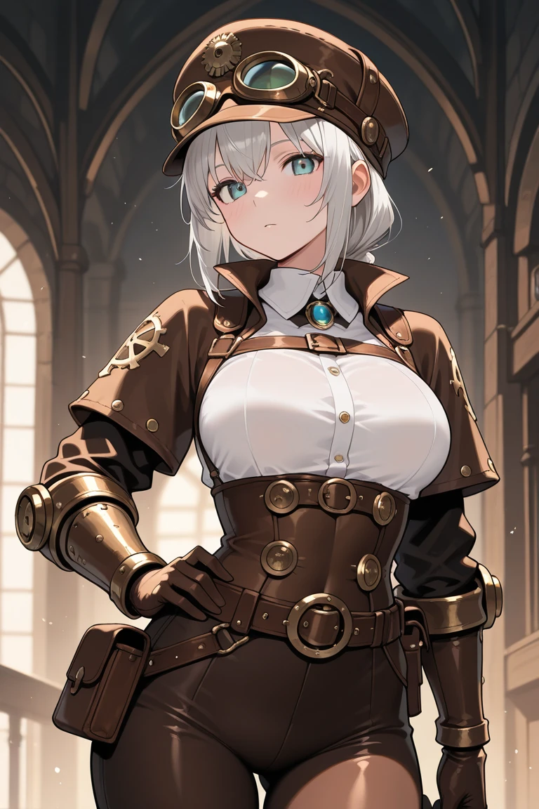 masterpiece, best quality, (breasts:1.4) , RAW Photo, Vill V, 1girl, solo, long_hair, breasts, looking_at_viewer, smile, bangs, large_breasts, brown_hair, gloves, long_sleeves, hat, cleavage, closed_mouth, jacket, shorts, grey_eyes, headband, black_shorts, brown_gloves, brown_jacket, top_hat, brown_headwear, brown_shorts, Night City Background