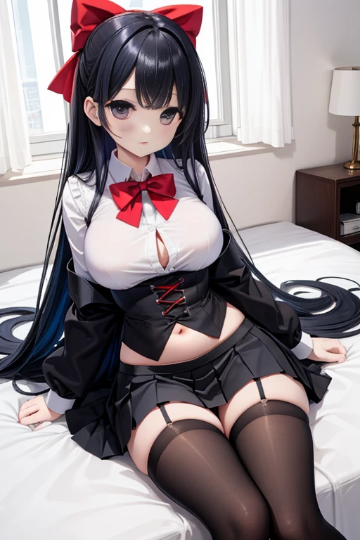 (full figure:1.1), 1 girl as yukino yukinoshita, absurdres, highres, solo, school uniform, small breasts, waist long black hair, (twintails:0.5), (pleated miniskirt:1.4), (black thighhigh socks:1.1), loose red ribbon, unbuttoned white shirt, (ahegao:1.5), (rolling eyes:1.5), (torn clothes:1.5), (naked breastss:1.2), spread legs,