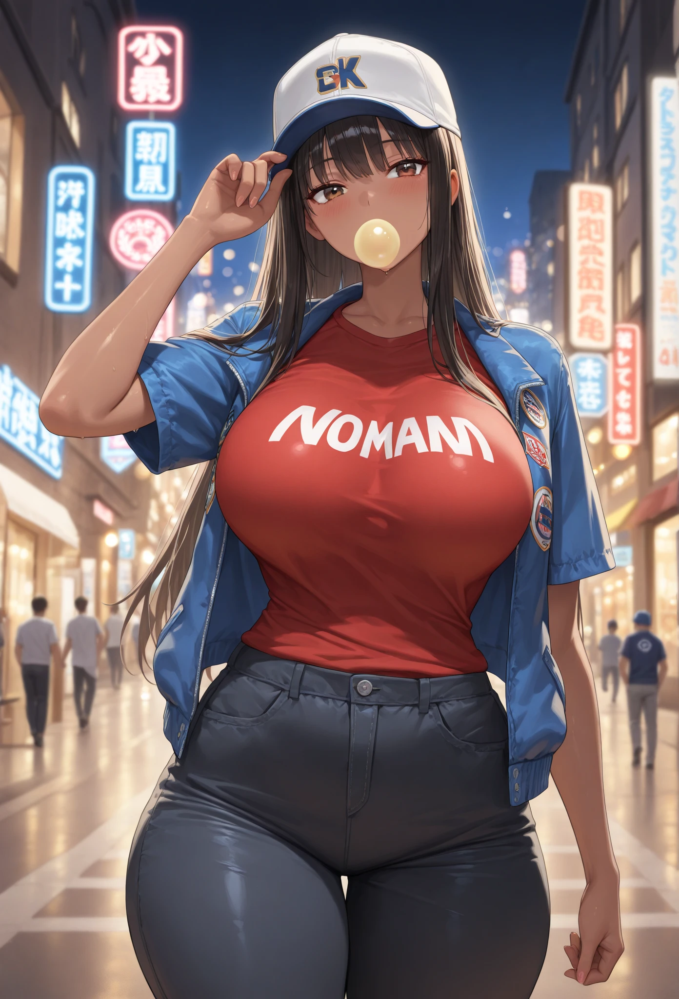 Female tomboy, messy short black curly hair,and brown eyes, Latina 21 years old, huge breasts and thicc thighs nice curves and huge ass,out in the streets, anime,has black eyeliner
