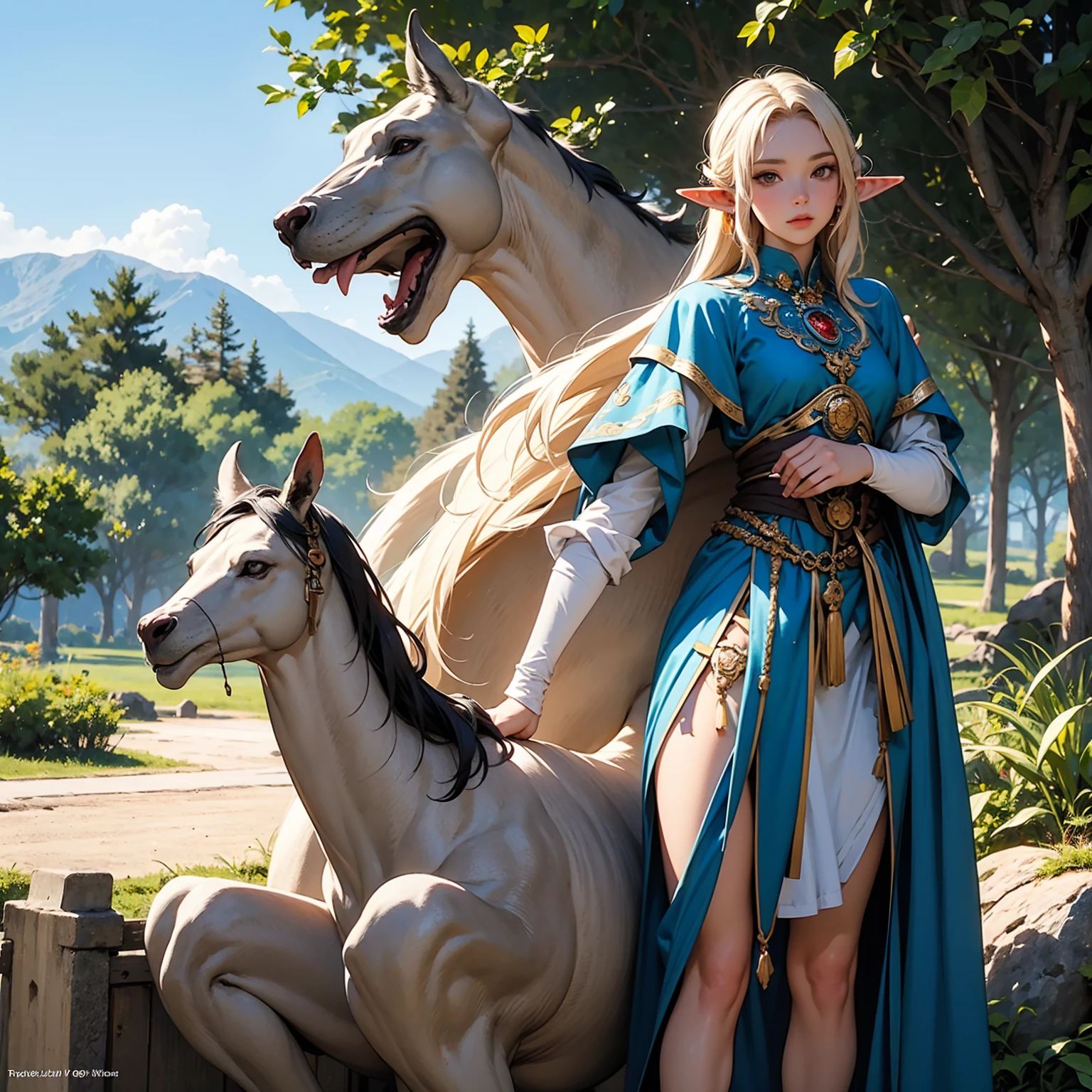 Princess Zelda, by the sea, delicate face, short yellow hair, riding a white horse, beautiful eyes, white dragon in the sky