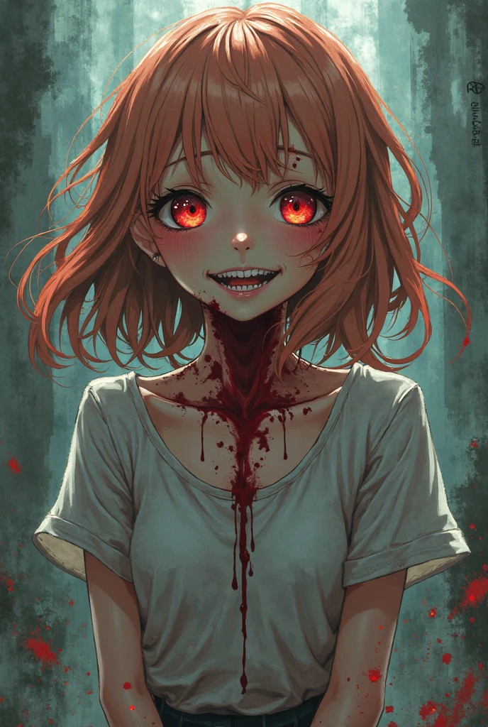 (best quality), (masterpiece), (highres), (depth of field), perfect lighting, extremely detailed girl, extremely detailed face, 1 girl, beautiful detailed eyes, full body, (looking at viewer),(sharp focus) <lora:makima_offset:1>, makima \(chainsaw man\), red hair, long braided hair, golden eyes, bangs, medium breasts, white shirt, clevage, glowing eyes, swirl eyes, small smile, (dark background, chains:1.3), holding chain, evil, blood on face,