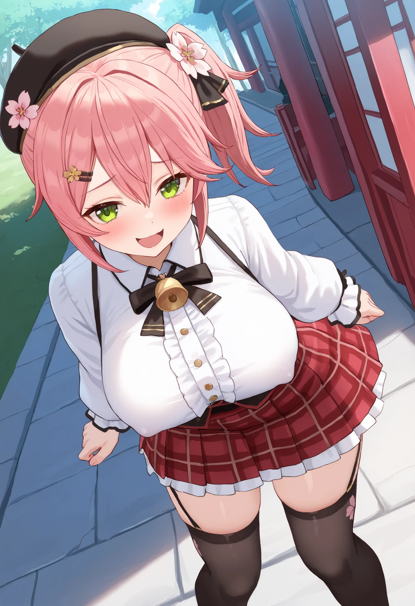 Masterpiece, Highest_ quality, expensive_resolution, Shrine Maiden 2 , ponytail, 1 girl, stupid hair, black headwear, Hair Ornament , white shirt, black knee-highs, pink hair, red_ skirt, very_short_ skirt, plaid skirts, garter_ strap, collared shirt , hair clips, frilld, bangs, hair_between_eyes, frills skirt, beret, Pleated skirt, hair flower, neck bell, , puffy long sleeve, black bow, underbust with a humiliating face, smile, large_breasts, covered_Nipples, green_eye, happy, dynamic_angle,Away_foot,(big_smile:1.2), plump,open_mouth,half_eye, cherry blossom_Park_landscape_background,