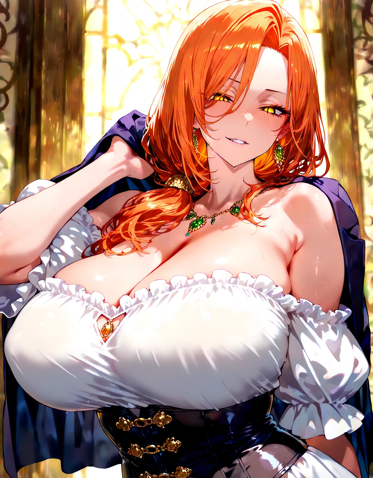 ((Masterpiece: 1.4, Best Quality))+,(Ultra Detail)+, masterpiece, best quality, blue eyes, long hair, red hair color, 1 girl, grin, massive breasts, big breasts, sexy lingerie, remove background, sexy pose, selfie, upper body, cowboy shot,