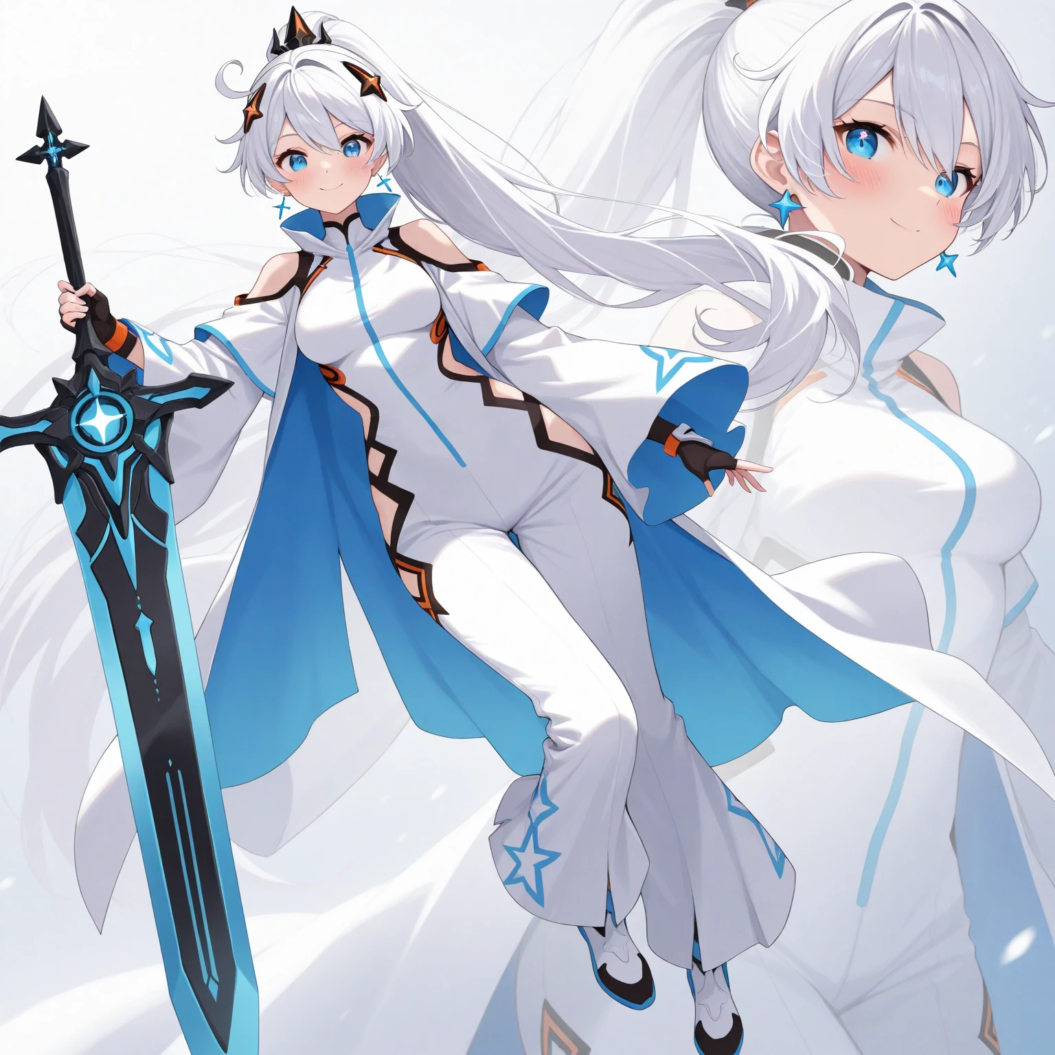 Girl, K HD, 4K, expressionless, anime style, blue eyes, white hair, ((full body)), puzzled eyes, (deformer character) Masterpiece, highest quality, ultra-definition, 4K, ultra-definition illustration, high resolution Beautiful face and eyes , light blue color scheme, lighting, fantasy, solemn atmosphere, long hair, waving hair, smile, fighting posture, dynamic pose, particle light, luminescence, plasma, electric current, blue flame, sense of depth, dynamic angle,angel wing, lotus position,