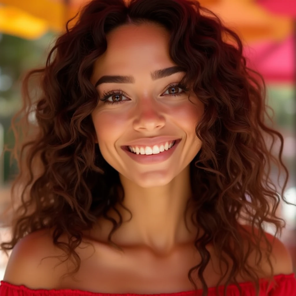 persona: The young woman has curly hair, voluminous and brown, with well-defined curls. She is smiling broadly, showing his teeth, which conveys joy and relaxation. Your eyes are partially closed because of the sunlight.
Clothing & Accessories: She is wearing a red blouse with a white floral print., sleeveless, with spaghetti straps. In the ears, She wears silver circular earrings that stand out due to the contrast with her hair color..
Scenario: Ao fundo, there is a white balustrade, typical of balconies or outdoor areas of houses. Above the balustrade, there is dense green vegetation with various trees and plants, indicating that the photo was taken in a garden or green area.
Lighting: The lighting is natural, probably from the afternoon sun, which directly illuminates the young woman's face, enhancing your features and the natural glow of your skin. The light creates a cheerful and sunny atmosphere.
Expression and Position: The young woman has her arm outstretched, indicating that she herself is holding the camera to take the photo. His expression is one of happiness, and the image captures a spontaneous and joyful moment.