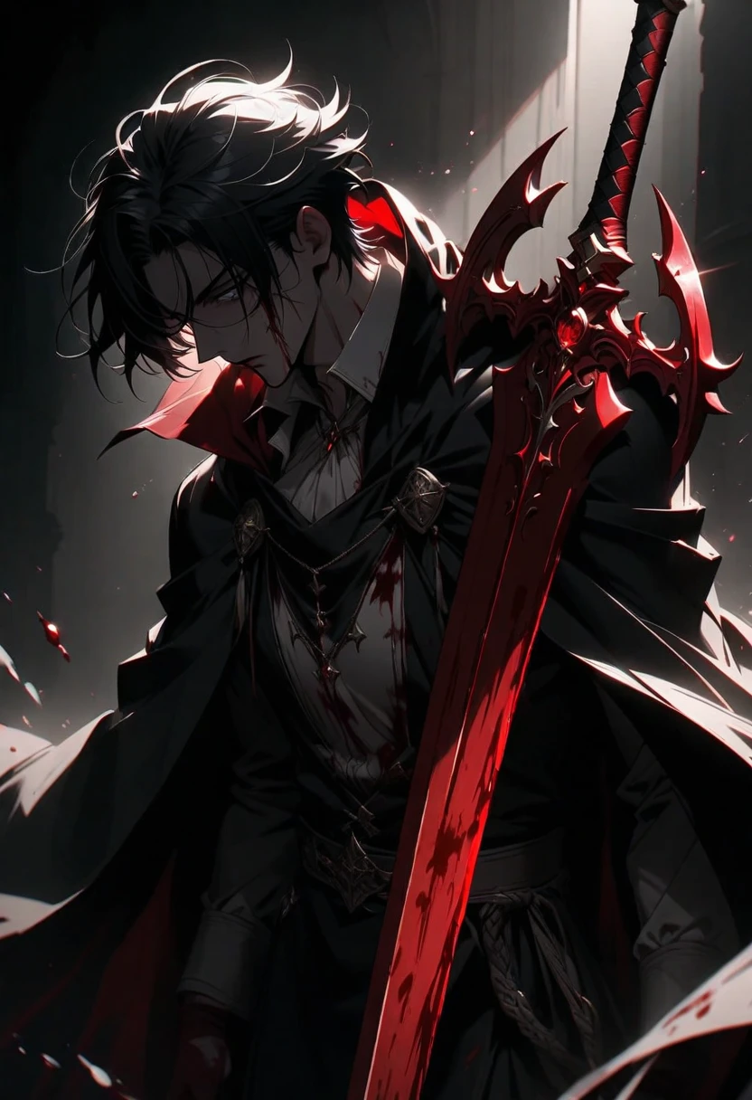  dark aura, hell, male, red eyes, Bats, blood, black dark red hair, chain, spikes, experienced, Tattoo, long parted bang