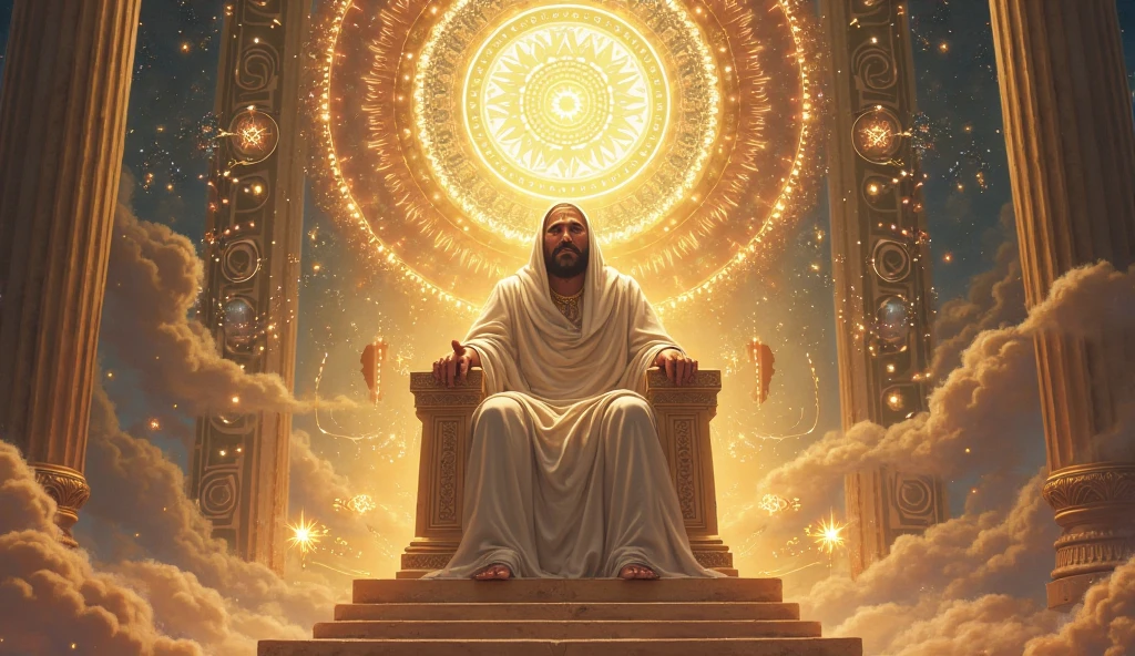 Heavenly court scene: Melchizedek seated on a throne of light, surrounded by symbols of eternity — no beginning, no end.